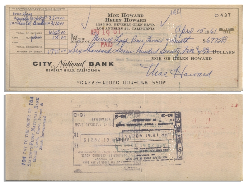 Moe Howard Lot of Two Checks Signed: Dated 15 April 1961 Measuring 8.25'' x 3'' &  Dated 26 December 1961, Standard Check Size -- Very Good Condition